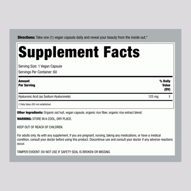 Supplement Facts panel for NCL Hyaluronic Acid 125 mg, 60 capsules.