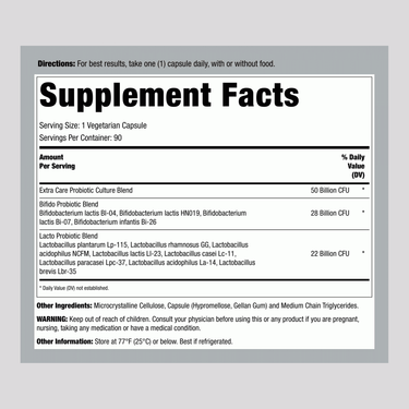 Supplement Facts panel for Ult Flora Extra Care 50 Billion, 90 Veg Capsules.