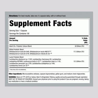 Supplement Facts panel for Ultimate Flora Adult 50+ with 30 Billion CFU in 90 Veg Capsules.