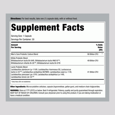 Supplement Facts for Men's Complete with 90 Billion in 30 Veg Capsules.