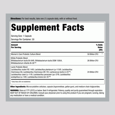 Details from the Supplement Facts panel for Ult Flora Women's 50 Billion, 30 capsules.