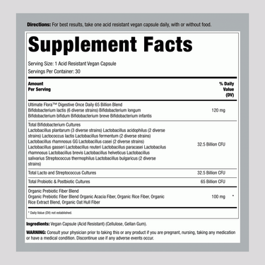 Supplement Facts for RN Digestive 65 B Probiotic DR, 30 capsules, showing nutritional information.
