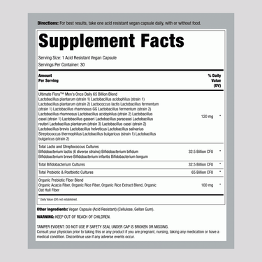 Supplement Facts panel for Men's 65 B Probiotic with 30 capsules.