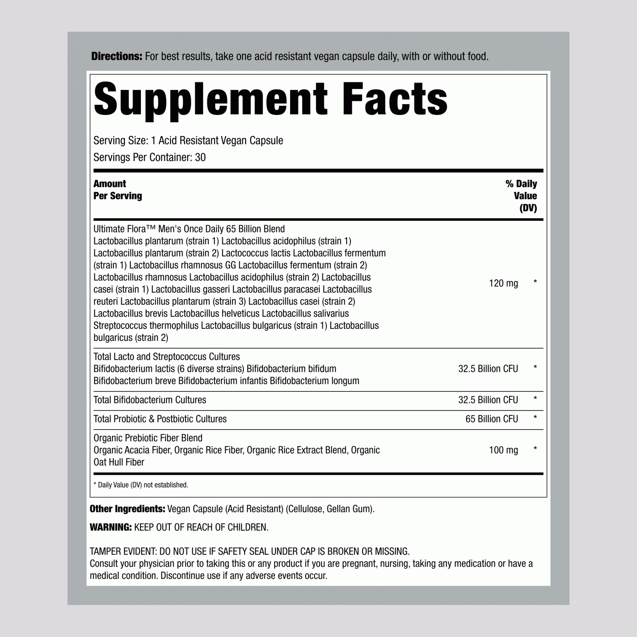 Ultimate Flora Men's Once Daily Probiotic 65 Billion, 30 Acid Resistant Vegan Capsules