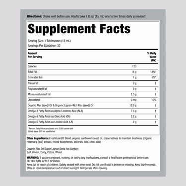 Flax Oil with Lignans Liquid (Organic), 16 fl oz (480 mL) Bottle