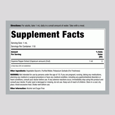 Supplement Facts panel for Cayenne Liquid Extract 4 fl oz (118 mL).