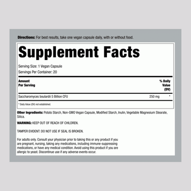 Supplement Facts for RN Ult Flora Saccharomyces Boulardii 20 Vcaps displayed.