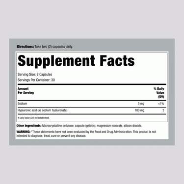 Supplement Facts for NCL Hyaluronic Acid 100 mg, 60 Capsules.