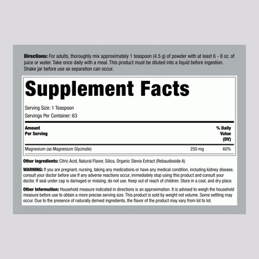 Supplement Facts panel for Horbaach Magnesium Glycinate (Lemon Flavor) 1 Lb Powder.