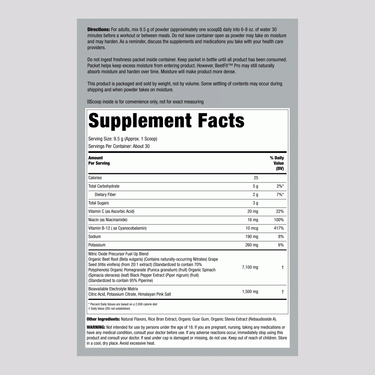 Supplement Facts panel for Horbaach Nitric Oxide Boost with Organic Beets, 16oz.