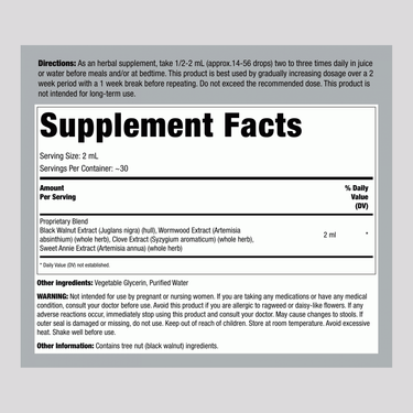 Black Walnut Wormwood Liquid Extract Alcohol Free, 2 fl oz (59 mL) Dropper Bottle