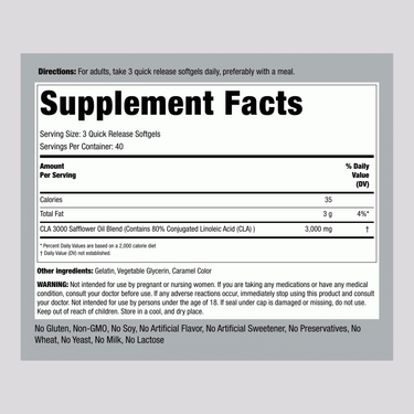 Supplement Facts for CLA 3000 mg Softgels, 120 count.