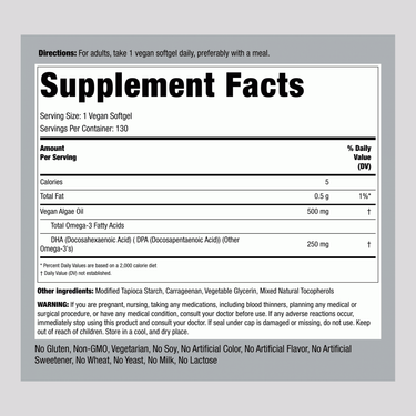 Omega-3 Algae Oil Vegan, 500 mg, 130 Veggie Gels