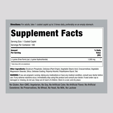 L-Lysine (Free Form), 1000 mg, 180 Coated Caplets
