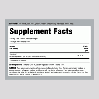 Supplement Facts panel for LN Vitamin K-2 featuring 100 mcg per serving, 60 softgels in a bottle.