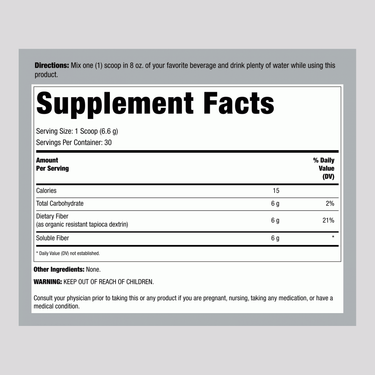 Supplement Facts panel for Completely Clear Organic Prebiotic Fiber, 7 oz (198 g) container.