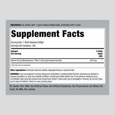 Supplement Facts panel for Ultra K2 with MK-7, showing 100 mcg per serving and 120 softgels per bottle.