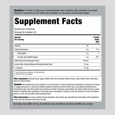 Image showing the Supplement Facts panel for Stress 60 Gummies.