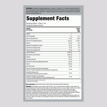 Supplement Facts panel for FL Pre-Workout Intensifier in Juiced Fruit Pump flavor.