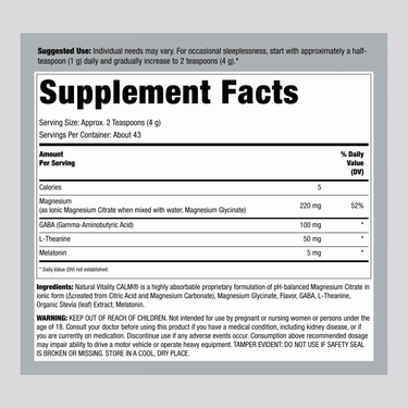 Supplement Facts panel for NV Calm Sleep Mag plus Melatonin, 6 oz (170 g).