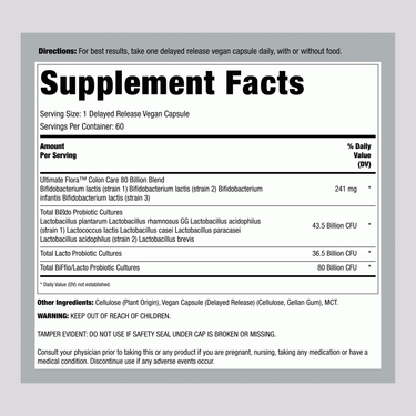 Supplement Facts panel for Ult Flora Colon Care 80 Billion, 60 Veg Capsules.