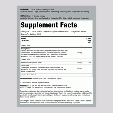 Supplement Facts panel for CleanseSmart 2 Part Kit showing ingredients and nutritional information.