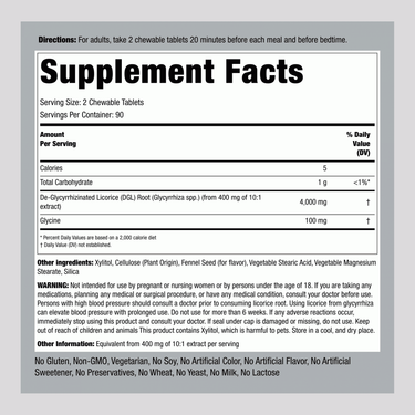 DGL Licorice Root Chewable Mega Potency (Deglycyrrhizinated), 4000 mg (per serving), 180 Chewable Tablets