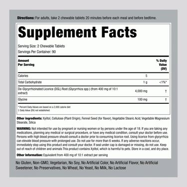 Supplement Facts panel for DGL Licorice Root Chew Mega Potency 4000 mg, 180 tablets.
