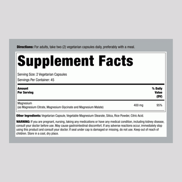 Magnesium (Triple-Action), 400 mg (per serving), 90 Vegetarian Capsules
