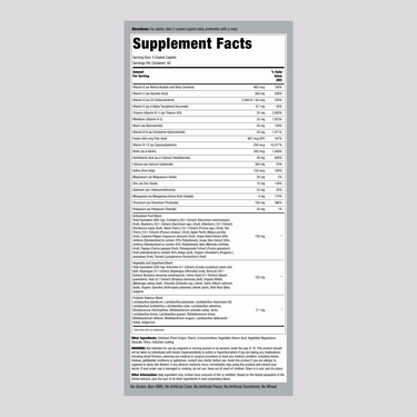 Supplement Facts panel for Whole Greens/Foods Multi Coated Caplets, 120 count.