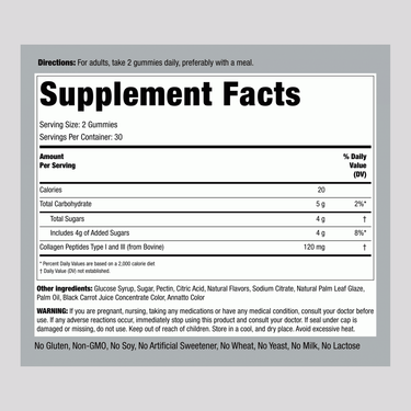 Supplement Facts panel detailing ingredients of Collagen Type 1 & 3 in 60 gummies.