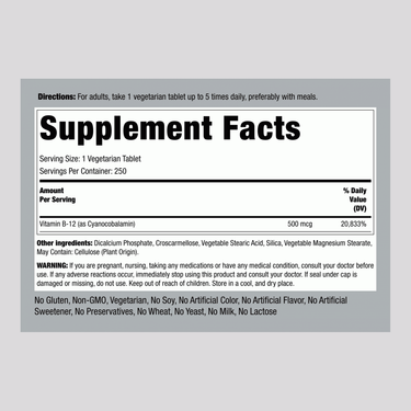 Label showing supplement facts for B-12 500 mcg, 250 tablets size.