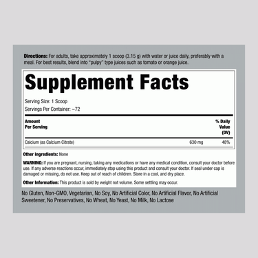 Calcium Citrate Powder, 630 mg (per serving), 8 oz (227 g) Bottle