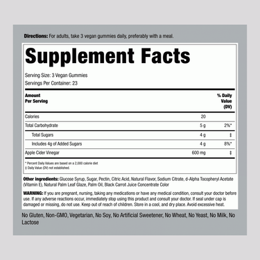 Supplement Facts label for 70 Apple Cider Vinegar Gummies.