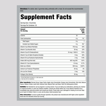 Supplement Facts panel for PIP Women's Multi 70 Gummies, detailing vitamins and nutrients included in each serving.