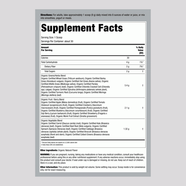 This image shows the Supplement Facts panel for LN Greens & Fruits Plus Organic 9.5 oz.