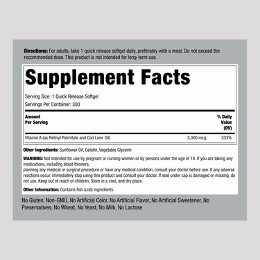 Supplement Facts for Vitamin A 10000 IU, 300 softgels included.