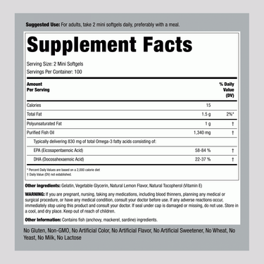 Mini Omega-3 Fish Oil Lemon Flavor, 1340 mg (per serving), 200 Mini Softgels