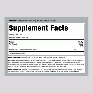 The Supplement Facts panel displays details for Horse Tail Liquid Extract.