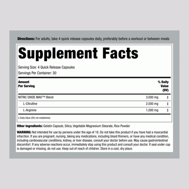 Supplement Facts panel detailing ingredients for Nitric Oxide Boost, containing 120 capsules.