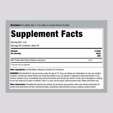 Supplement Facts panel displaying the ingredients for Milk Thistle Seed Liquid Extract, 2 oz.