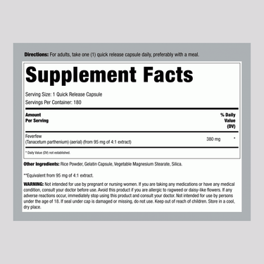 Feverfew, 380 mg, 180 Quick Release Capsules