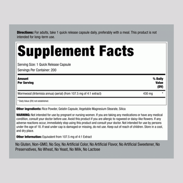 Wormwood (Artemisia annua), 430 mg, 200 Quick Release Capsules