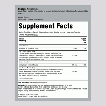 Supplement Facts panel for RN 3 Day Liver Cleanse detailing ingredient amounts in a 125 character limit description.