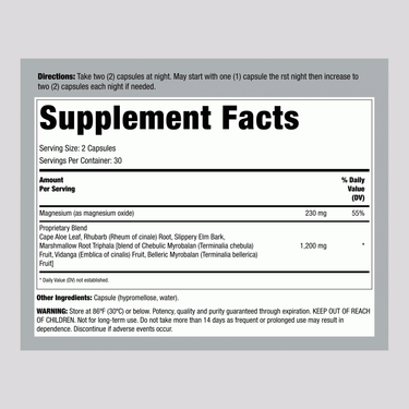 Image of the Supplement Facts label for CleanseMore 60 Veg Capsules.