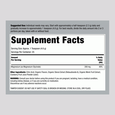 Supplement Facts panel for NV MaxCalm Magnesium Glycinate 5oz Powder, detailing nutritional information.
