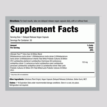 Supplement Facts panel for Ultimate Flora Extra Care 50 Billion GO PACK, featuring 30 vegetable capsules.