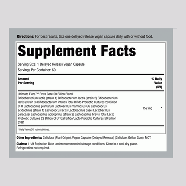 Supplement Facts panel for Ultimate Flora Extra Care, 50 Billion Go Pack, 60 vegetarian capsules.