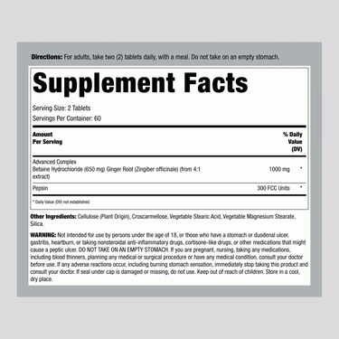 Betaine HCl 650 mg with Pepsin & Ginger, 120 Tablets