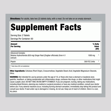 Betaine HCl 650 mg with Pepsin & Ginger, 120 Tablets